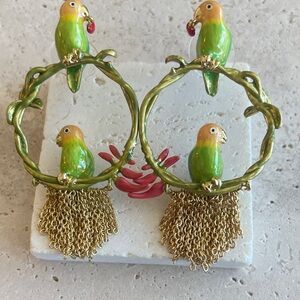 Les NEREIDES Green Parrot Hoop Earrings with Gold Chains